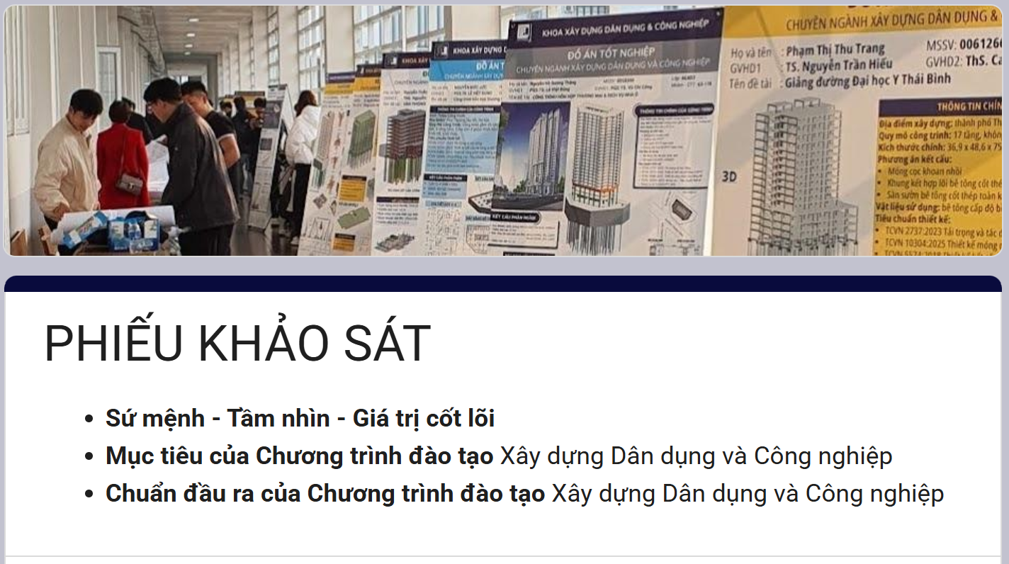 Khảo sát Sứ mệnh, Tầm nhìn, Giá trị cốt lõi của Khoa Xây dựng DD&CN, Mục tiêu và Chuẩn đầu ra của CTĐT